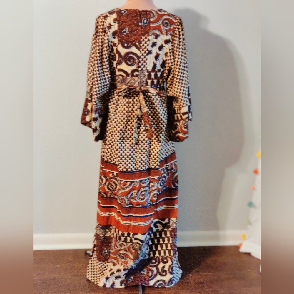 Indian block print Maxi Dress Butterfly Sleeves 70s Vintage natural cotton SM - Picture 2 of 15